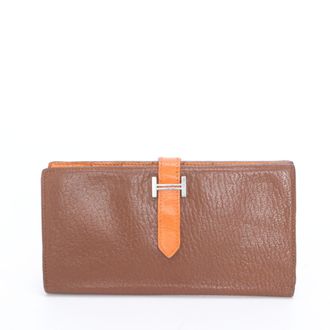 Herm&egrave;s Bearn Brown Orange Leather Long Wallet (Bi-Fold) (Pre-Owned)