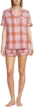 Lands End Women Linen 2 Piece Pajama Set - Short Sleeve Top and Shorts in Sunset Coral Pink Plaid at Nordstrom, Size X-Large