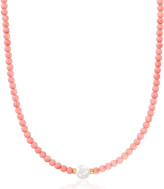 Ross-Simons 8.5-9mm Cultured Pearl and 4mm Pink Coral Bead Necklace With 18kt Gold Over Sterling