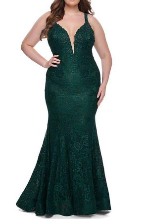 La Femme Plus SIze Dress Lace Fitted Long Gown in Dark Emerald at Nordstrom, Size 14W