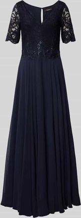 Vera Mont Abendkleid mit Spitzenbesatz in Dunkelblau, Größe 36