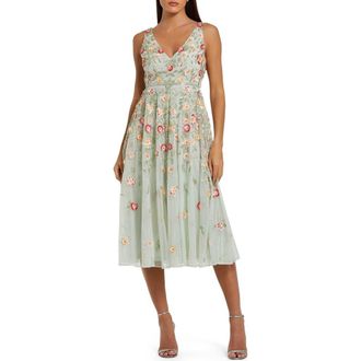 Mac Duggal V-Neck Sleeveless Midi Floral Beaded A-Line Dress in Sage Multi at Nordstrom, Size 12