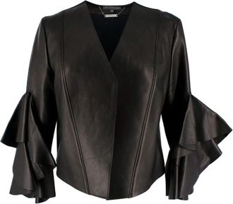Alexander McQueen Black Leather Ruffled Sleeve Jacket Size S