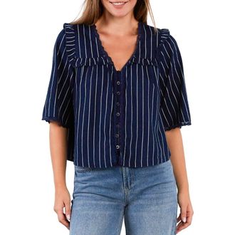 BILLY T Juliet Lace & Ruffle Cotton Blend Top in Dark Indigo Pinstripe at Nordstrom, Size X-Small