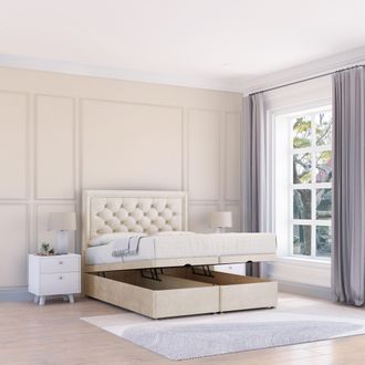 Sloomy Montana Plush Fabric Ottoman Bed End Opening With Sprung Memory Mattress & 26 Inch strut Headboard in Cream | Size: Small Double