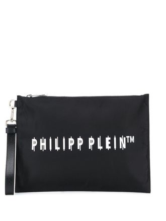 Philipp Plein logo print clutch - men - Cotton/Calf Leather/Polyamide/Polyurethane/Acrylonitrile Butadiene Styrene (ABS) - OS - Black