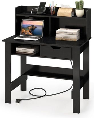 Costway Costway - Scrivania Piccola con Libreria, Scrivania Salvaspazio con Prese di Corrente, Porte usb, Tipo c, Cassetto, Ripiano Superiore e Ripiano
