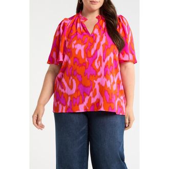 Sugarlips Charly Abstract Keira Ruffle Top in Orange-Fuchsia at Nordstrom, Size 1 X