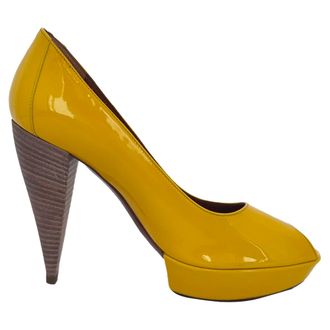 Lanvin Peep-Toe Platform Pumps in Yellow Patent Leather
