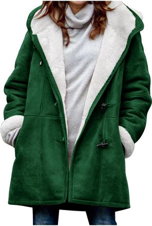 Generic OVARA Duffle Coats for Women Outdoor Fleece Jackets Sherpa Lined 2024 Winter Thickened Warm Long Coat with Hood Plus Size Ladies Mid Length Horn Butto