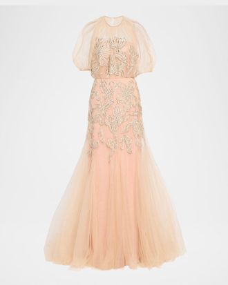 Lela Rose Ikat Floral Embroidered Tulle Trumpet Gown