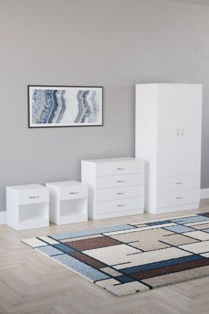 Home Discount Riano 4 Piece Bedroom Set - 1 Drawer Bedside, 4 Drawer Chest, Wardrobe in White