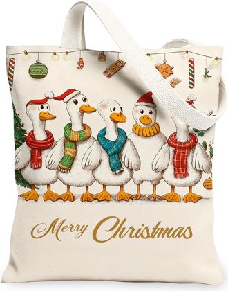 Generic Christmas Geese Canvas Tote Bags, Holiday Bird Pattern Reusable Bags, Vintage Lightweight Washable Shoulder Strap Canvas Fo, White, 13x15 Inch