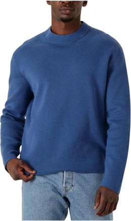 Selected Blauwe Gebreide Mock Neck Trui - Heren - Ronde hals truien - Blauw - 2XL - Wol - Truien & Vesten
