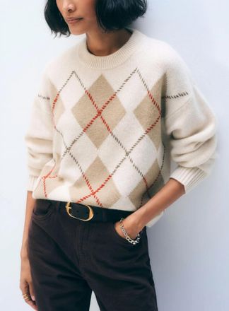 White + Warren Cashmere Argyle Crew Sweater In Natural Combo