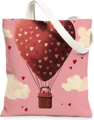 Generic Heart Balloon Canvas Tote Bags, Romantic Heart Pattern Reusable Grocery Bags, Lightweight Washable Shoulder Strap Canvas for Travel Beach Picnic 13x15