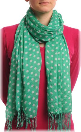 Liss Kiss White Polka Dots On Green With Tassels - Green Designer Scarf