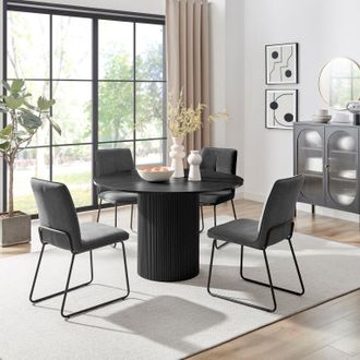 Furniturebox Penrose Black Round Dining Table & 4 Halleyy Chairs in Dark Grey