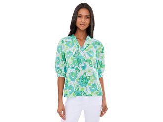 Lilly Pulitzer Mialeigh Elbow Sleeve Linen Top Womens Clothing Resort White Monarch Rose : 16