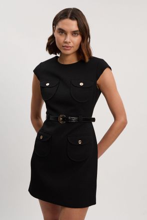 Karen Millen Womens Textured Compact Stretch Tailored Belted Mini Dress - Black - Size 10 UK