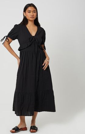 Brave Soul Vestito lungo nero con maniche a sbuffo, laccetti e volant