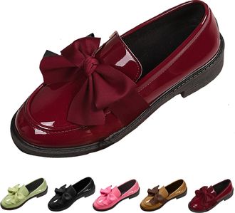 Generic Womens Anti-Slip Round Toe Slip-On Loafers, Bowknot Slope Heel Chunky Heel Shoes, for Business Casual Office Work & Everyday Wear (11.5,Red)