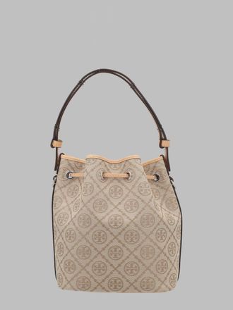 Tory Burch Womens Bucket Bag T Monogram Beige Cotton Polyester Shoulder