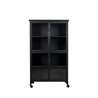White Label Vitrina alta de acero y madera negra con ruedas