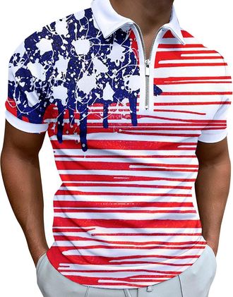 Generic Mens American Flag Patriotic Shirt for Men 4 of July Muscle Turn Down Collar Shirts Slim Fit Short Sleeve 3D Print Zipper T Shirts Soft Tees Mens Medi