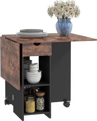 OEM Mesa De Cocina Plegable Con Ruedas Alas Abatibles Caj&oacute;n Y Estantes Para 2-4 Personas 120x72x75 Cm Marr&oacute;n R&uacute;stico Y Negro