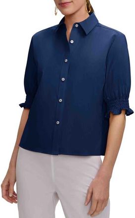 Foxcroft Vivienne Elbow Sleeve Matte Sateen Button-Up Shirt in Navy Blue at Nordstrom, Size X-Large