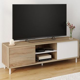 IDMarket Mueble Tv Easy 140 Cm, Montaje Sin Herramientas, 2 Puertas Correderas Reversibles, Efecto Madera Y Blanco