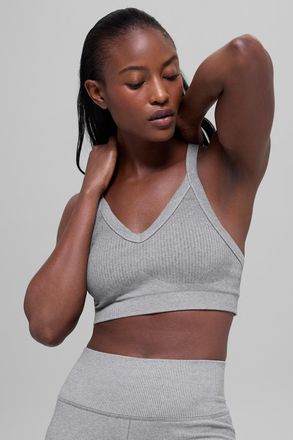 Alo | Seamless Two Tone Rib Bra in Light Misty Grey Heather, Size: Medium