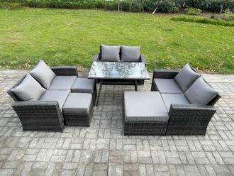 Fimous Outdoor Lounge Sofa Set Wicker PE Rattan Garden Furniture Set with Rectangular Dining Table 2 Seat Sofa 3 Footstools in Dark Grey