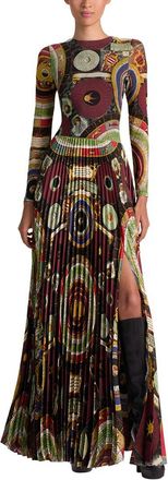 Alice & Olivia Alice + Olivia Ivey Ls Fitted Sunburst Pleated Maxi Dress