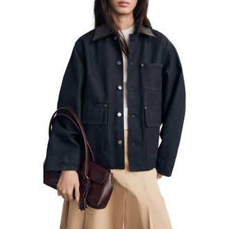 Mango Faux Leather Collar Denim Jacket in Open Blue at Nordstrom Rack, Size X-Large