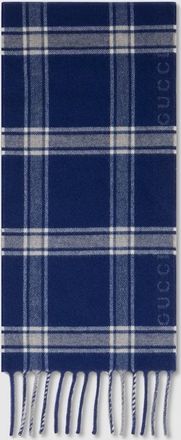 Gucci Tartan Wool Cashmere Scarf, Blue