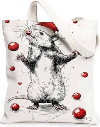 Generic Christmas Animal Canvas Tote Bags, Cute Rat Design Reusable Grocery Bags, Lightweight Washable Shoulder Strap Canvas for Tr, White, 13x15 Inch