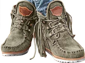 Generic Winter Boots For Women uk Fringe Women Vintage Platform Cowboy Short Tassel Lace Up Wide Round Toe Chunky Ladies Ankle Boots Slip On Dress Walking Sho