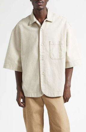 Jacquemus La Chemise Paysan de-N&icirc;mes Oversize Denim Button-Up Shirt in Light Beige at Nordstrom, Size 36 Us
