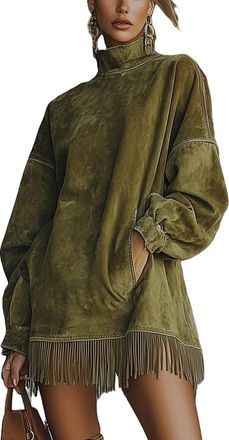 Generic Womens Turtleneck Faux Suede Mini Fringe Dress Vintage, Oversized Long-Sleeved Faux Suede Mid Dresses for Women Fall Winter Velvet Fringe Dress Green