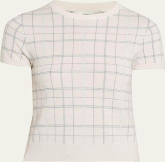 Vince Plaid Short-Sleeve Crewneck Top