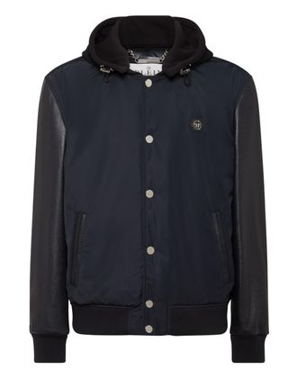 Philipp Plein Nylon & Leather Varsity Bomber Hooded Jacket