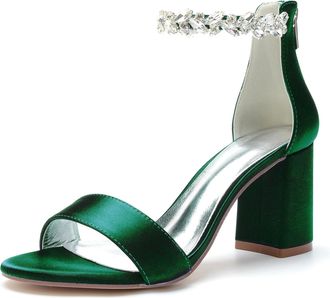 Generic Bridal Shoes Womens Block Heel Wedding Heels Sandals Open Toe Heels Wedding Shoes Formal Prom Party Dress Shoes 8Cm,Dark Green,10 UK