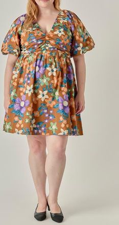 English Factory Floral Puff Sleeve Minidress in Brown Multi at Nordstrom, Size 3X