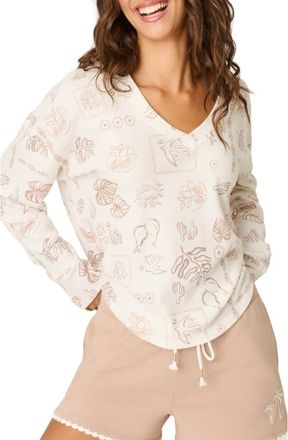 PJ Salvage Palms Away Long Sleeve Pajama Top in Ivory at Nordstrom, Size X-Small