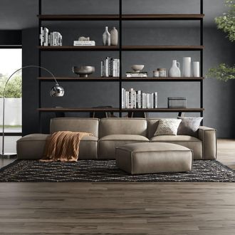 Castlery Dark Brown Top Grain Leather Extended Left Side Chaise Sofa with Ottoman | Jonathan by Castlery