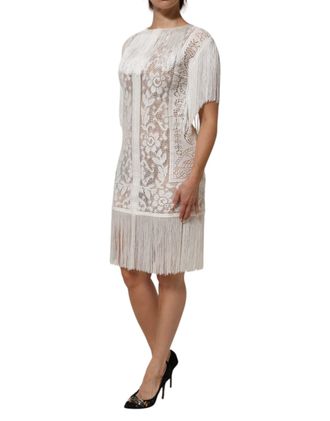 Dolce & Gabbana Womens White Floral Lace Fringe Knee Length Dress Co+pa