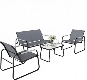 OUTSUNNY Conjunto De Jard&iacute;n Exterior De 4 Piezas Con 1 Sof&aacute; De 2 Plazas, 2 Sillones Y Mesa De Vidrio Templado, Textilene Transpirable, Gris