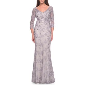 La Femme Pastel Lace Mother of the Bride Gown with Three Quarter Sleeves in Dusty Lilac at Nordstrom, Size 18